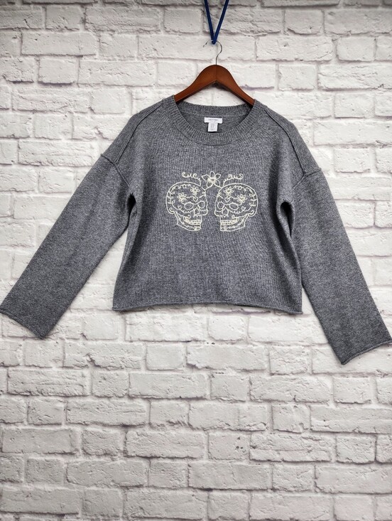 Haute Hippie Sweaters - Haute Hippie Style Gray Sugar Skull Embroidered Cropped Sweater Size M Boho